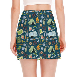 Camping Equipment Pattern Print Side Slit Mini Skirt