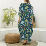 Camping Equipment Pattern Print Silk V-Neck Kaftan Dress
