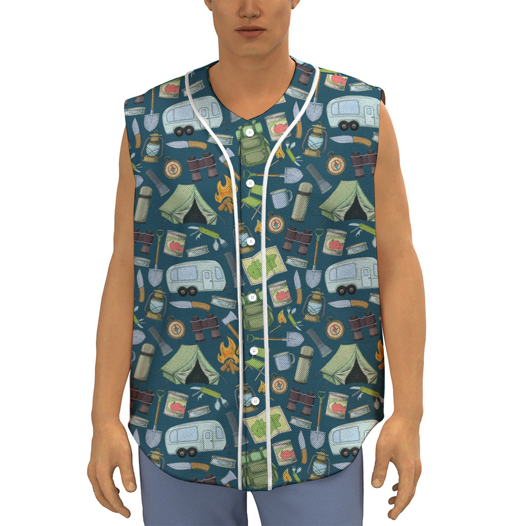 Camping Equipment Pattern Print Sleeveless Baseball Jersey