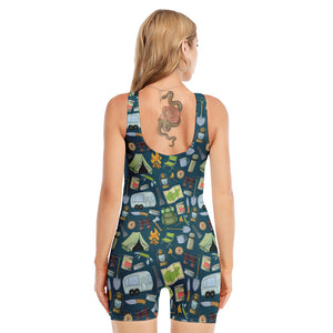 Camping Equipment Pattern Print Sleeveless One Piece Swimsuit