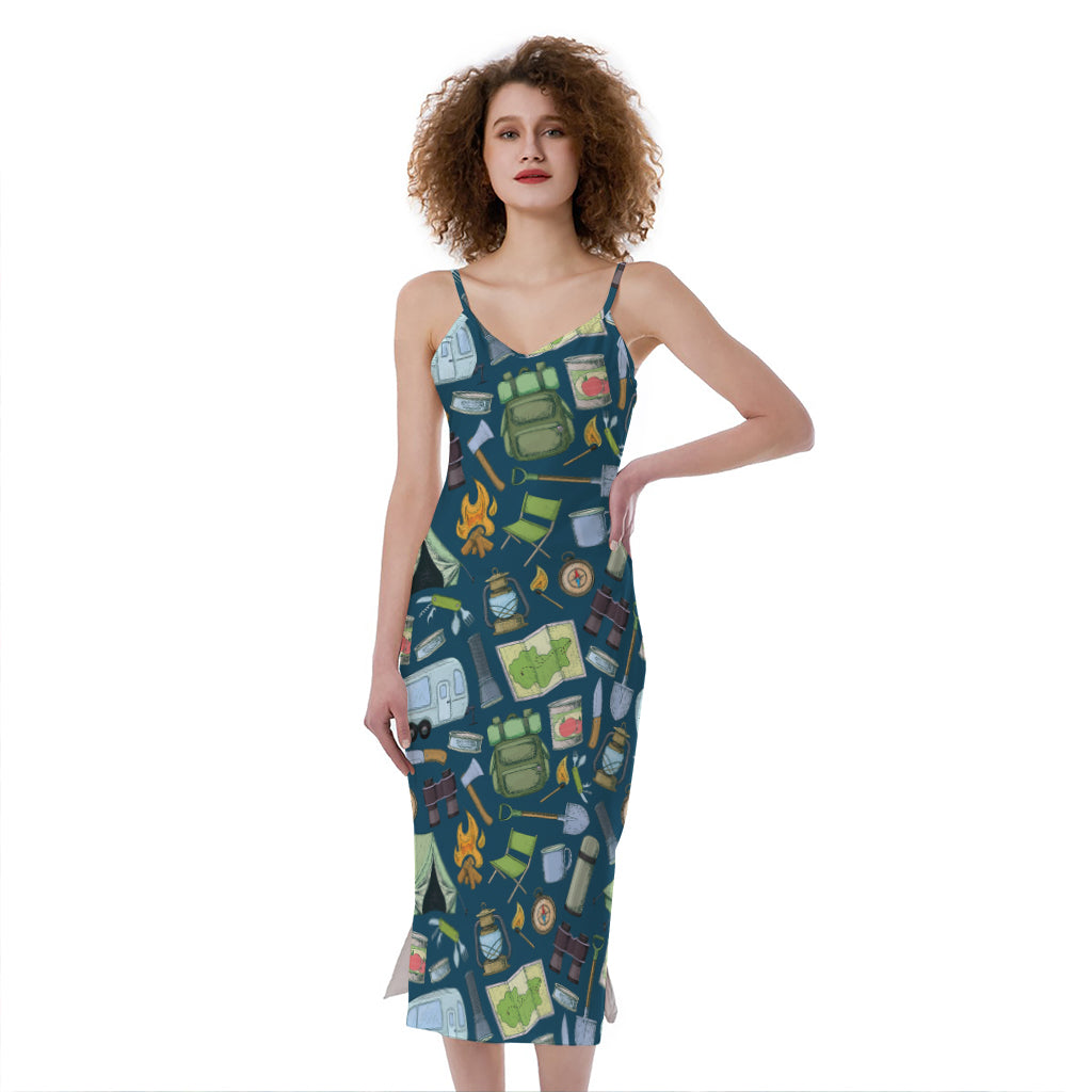 Camping Equipment Pattern Print Slim Fit Midi Cami Dress