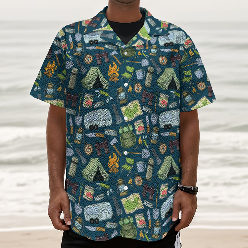 Camping Equipment Pattern Print Textured Short Sleeve Shirt