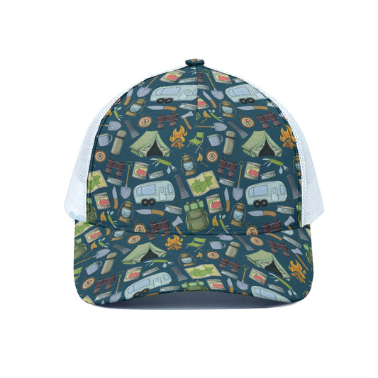Camping Equipment Pattern Print White Mesh Trucker Cap