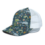 Camping Equipment Pattern Print White Mesh Trucker Cap