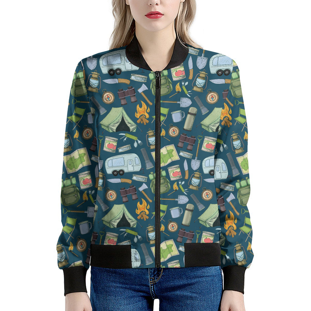Camping Equipment Pattern Print Women's Bomber Jacket