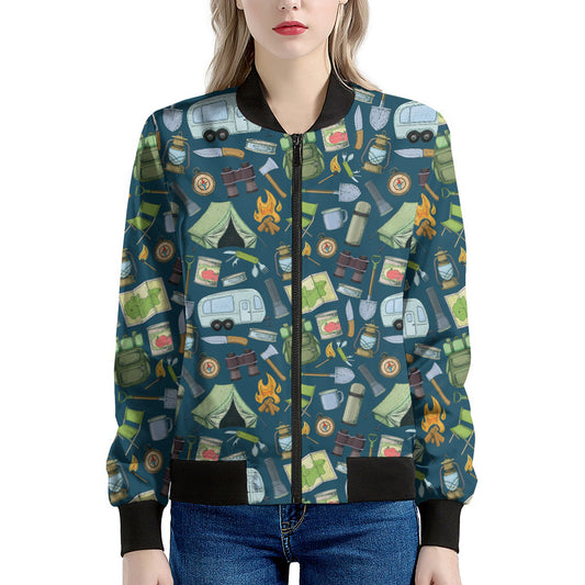 Camping Equipment Pattern Print Women's Bomber Jacket
