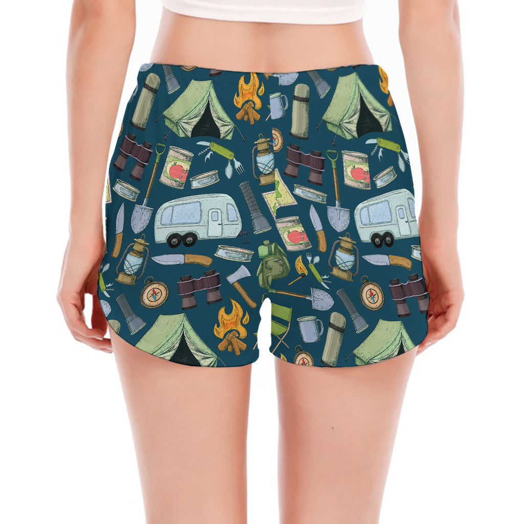 Camping Equipment Pattern Print Women's Split Running Shorts