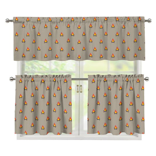 Camping Fire Pattern Print 3 Piece Kitchen Curtains