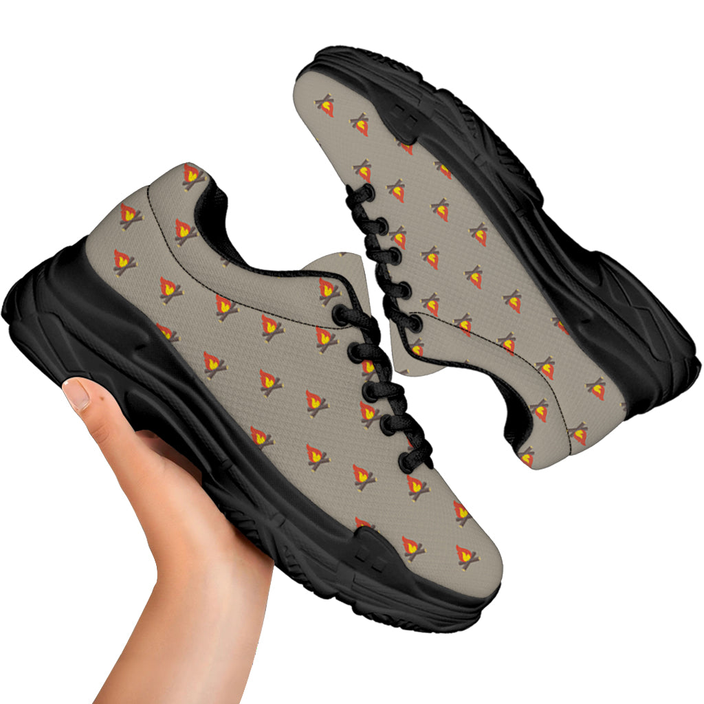 Camping Fire Pattern Print Black Chunky Shoes