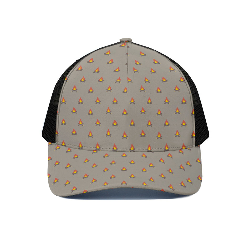 Camping Fire Pattern Print Black Mesh Trucker Cap