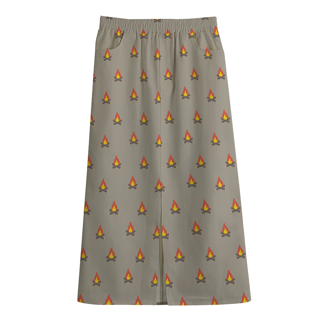 Camping Fire Pattern Print Cotton Front Slit Maxi Skirt