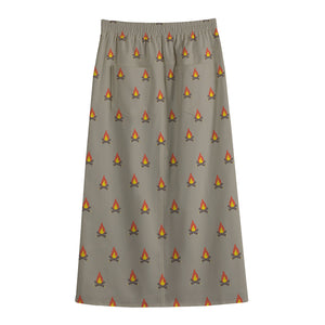 Camping Fire Pattern Print Cotton Front Slit Maxi Skirt