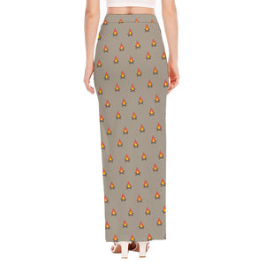 Camping Fire Pattern Print High Slit Maxi Skirt