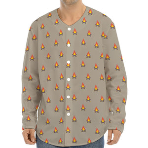 Camping Fire Pattern Print Long Sleeve Baseball Jersey