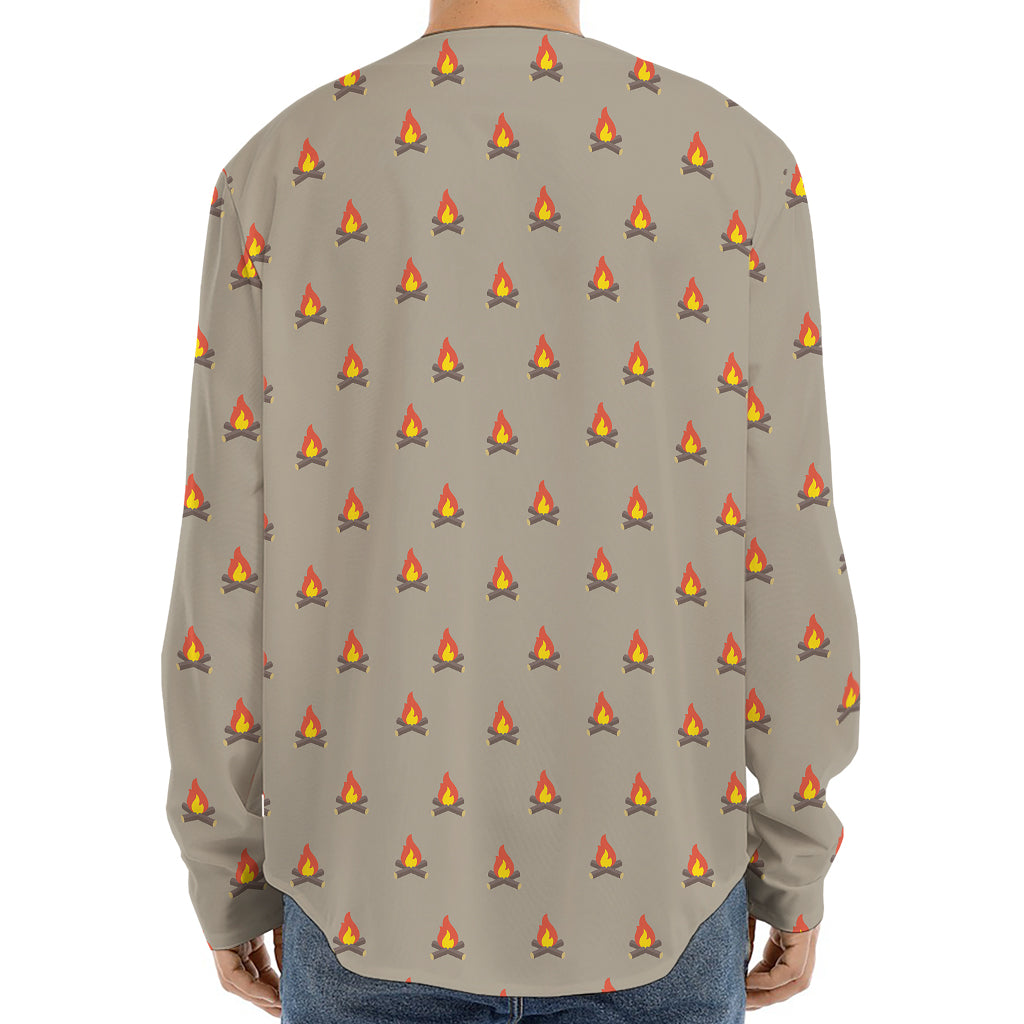 Camping Fire Pattern Print Long Sleeve Baseball Jersey