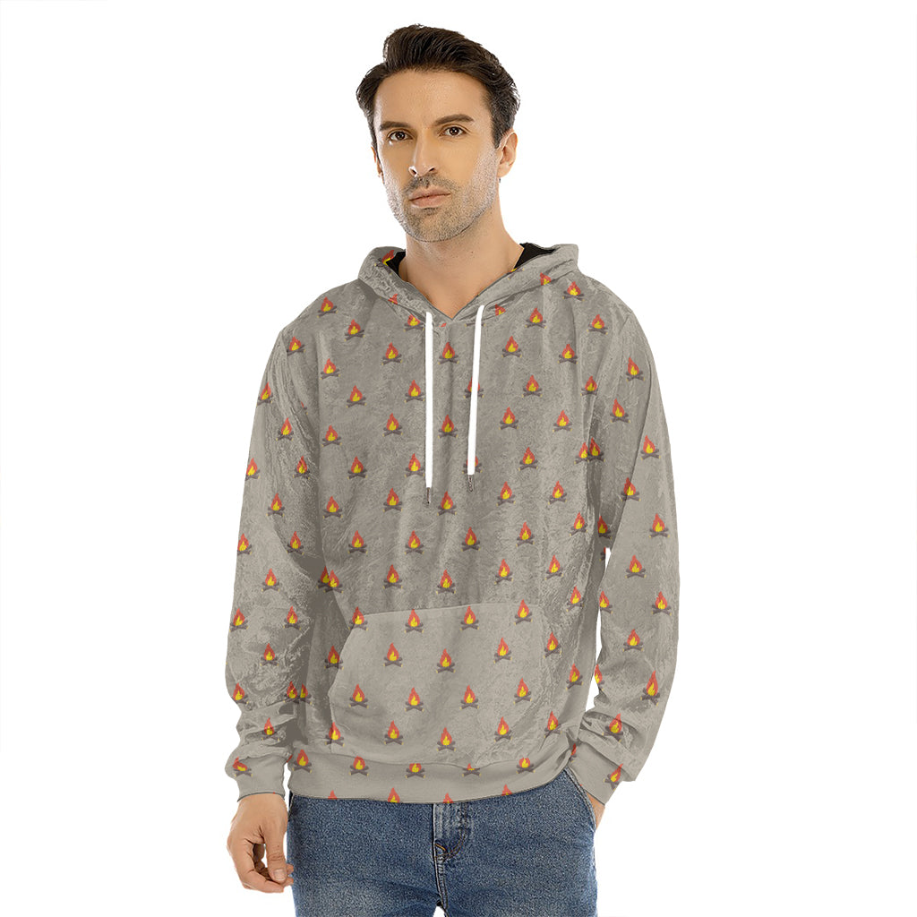 Camping Fire Pattern Print Men's Velvet Pullover Hoodie