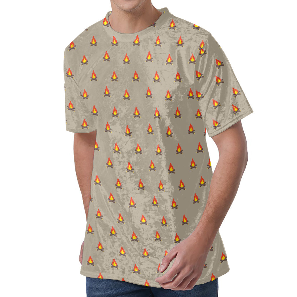 Camping Fire Pattern Print Men's Velvet T-Shirt