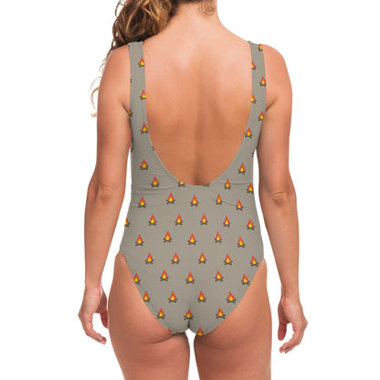 Camping Fire Pattern Print One Piece Swimsuit