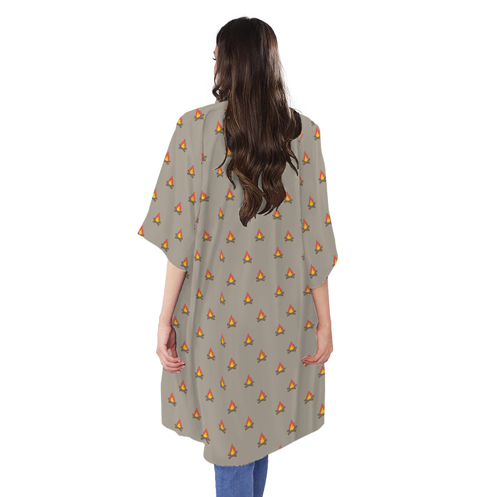 Camping Fire Pattern Print Open Front Beach Cover Up