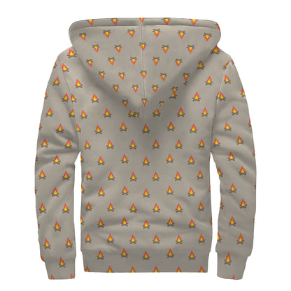 Camping Fire Pattern Print Sherpa Lined Zip Up Hoodie