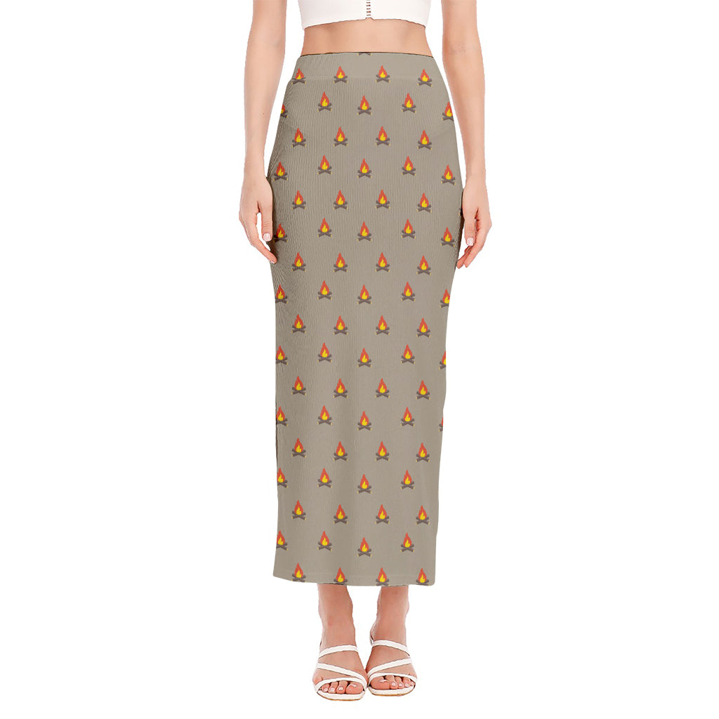 Camping Fire Pattern Print Side Slit Maxi Skirt