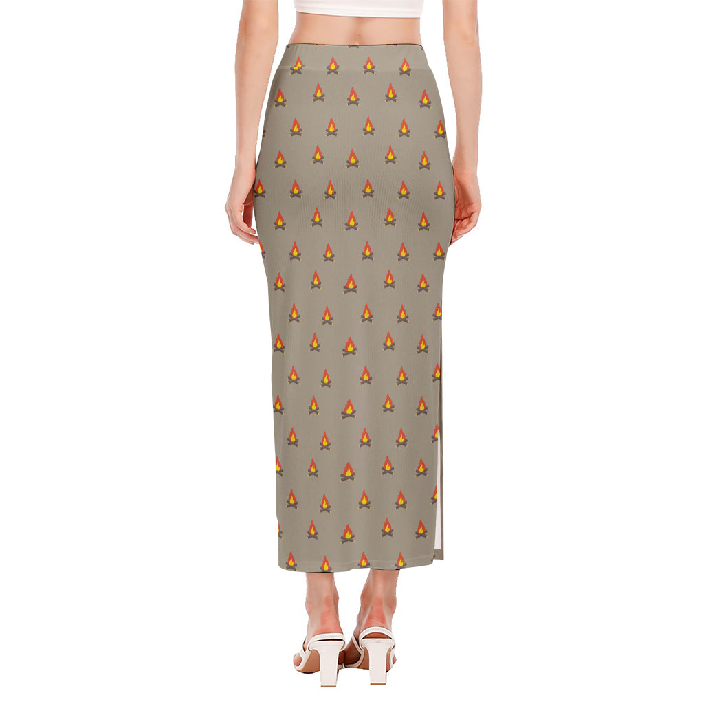 Camping Fire Pattern Print Side Slit Maxi Skirt