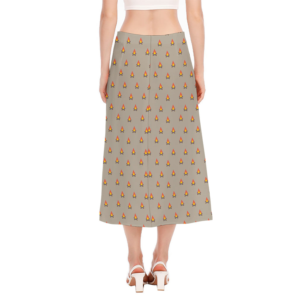 Camping Fire Pattern Print Side Slit Midi Skirt