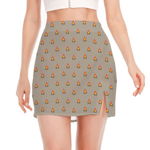 Camping Fire Pattern Print Side Slit Mini Skirt