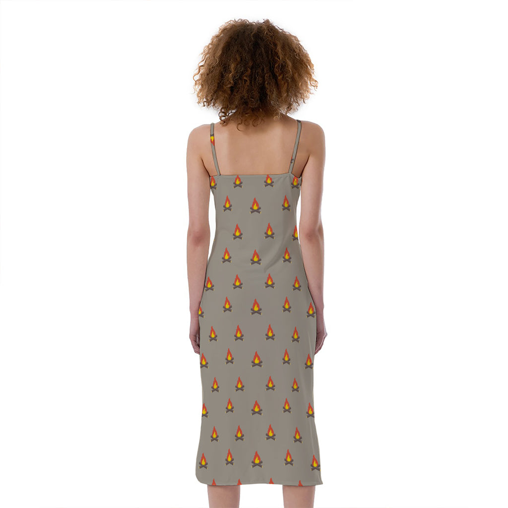 Camping Fire Pattern Print Slim Fit Midi Cami Dress