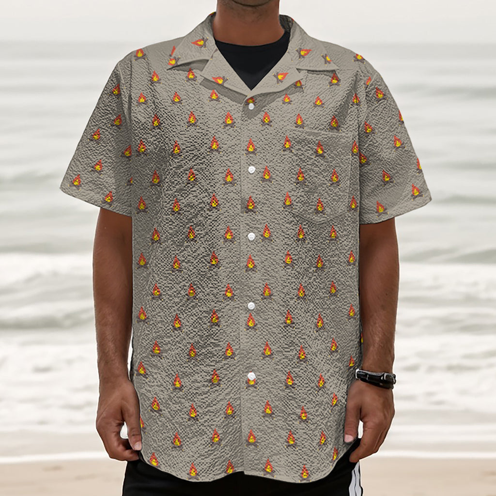 Camping Fire Pattern Print Textured Short Sleeve Shirt