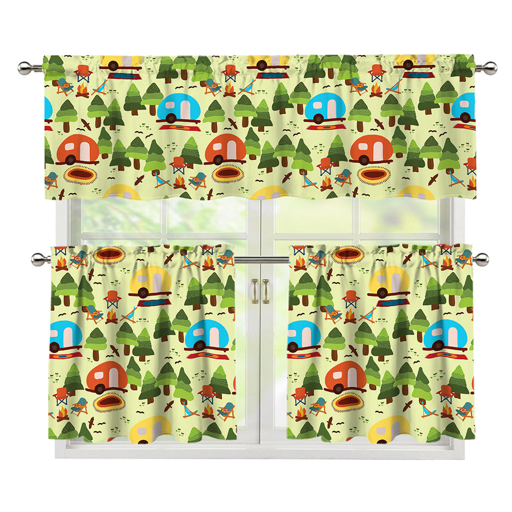 Camping Picnic Pattern Print 3 Piece Kitchen Curtains
