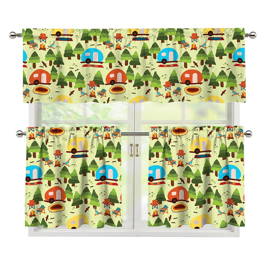 Camping Picnic Pattern Print 3 Piece Kitchen Curtains
