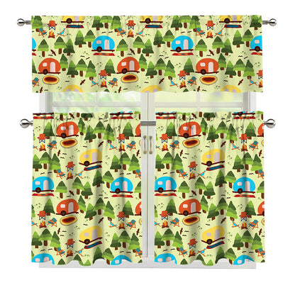 Camping Picnic Pattern Print 3 Piece Kitchen Curtains