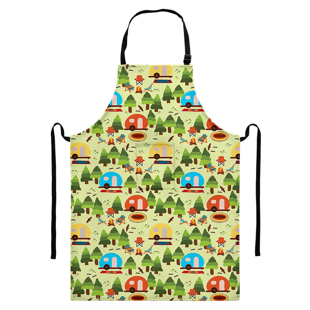 Camping Picnic Pattern Print Bib Apron With Pocket