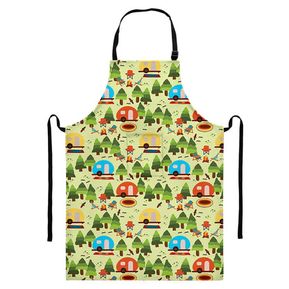 Camping Picnic Pattern Print Bib Apron With Pocket