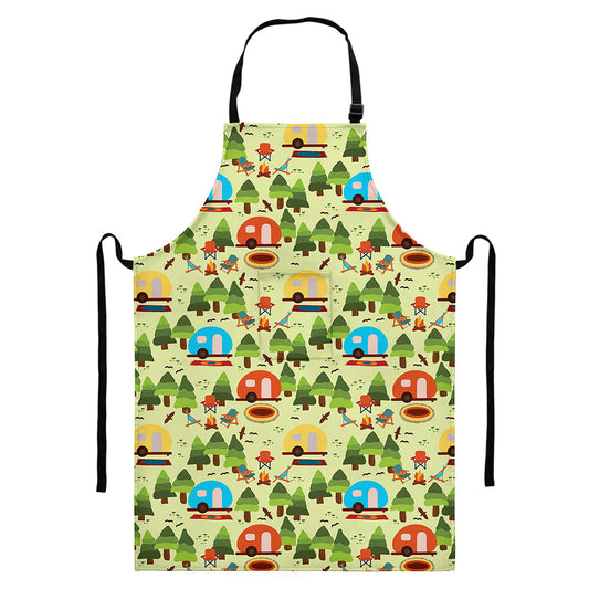 Camping Picnic Pattern Print Bib Apron With Pocket
