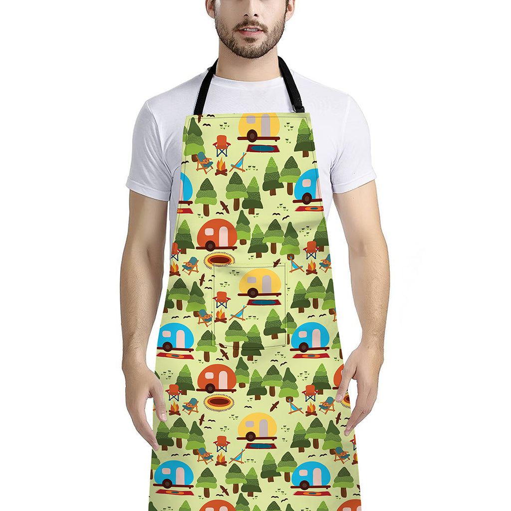 Camping Picnic Pattern Print Bib Apron With Pocket