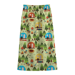 Camping Picnic Pattern Print Cotton Front Slit Maxi Skirt