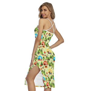 Camping Picnic Pattern Print Cross Back Cami Dress