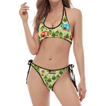 Camping Picnic Pattern Print Halter Scoop Tie Side Bikini