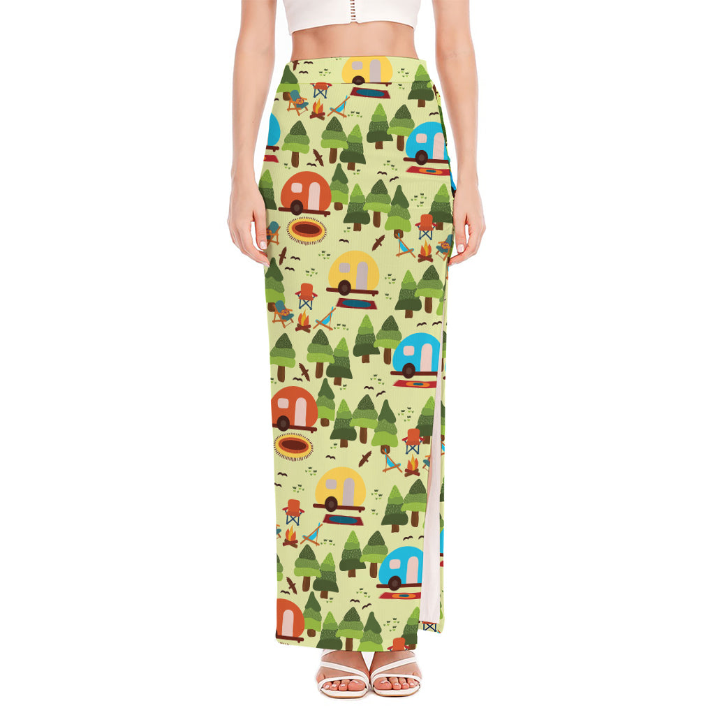 Camping Picnic Pattern Print High Slit Maxi Skirt