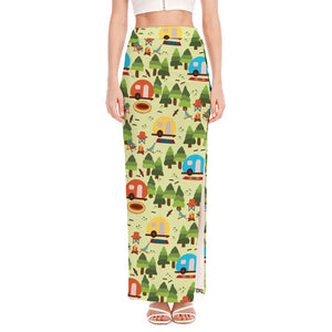 Camping Picnic Pattern Print High Slit Maxi Skirt