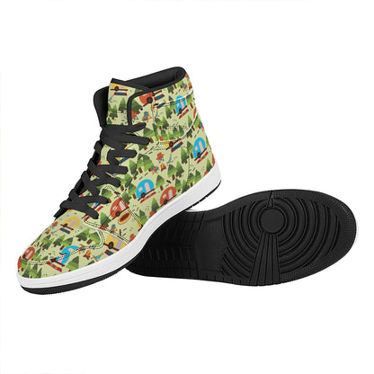 Camping Picnic Pattern Print High Top Leather Sneakers