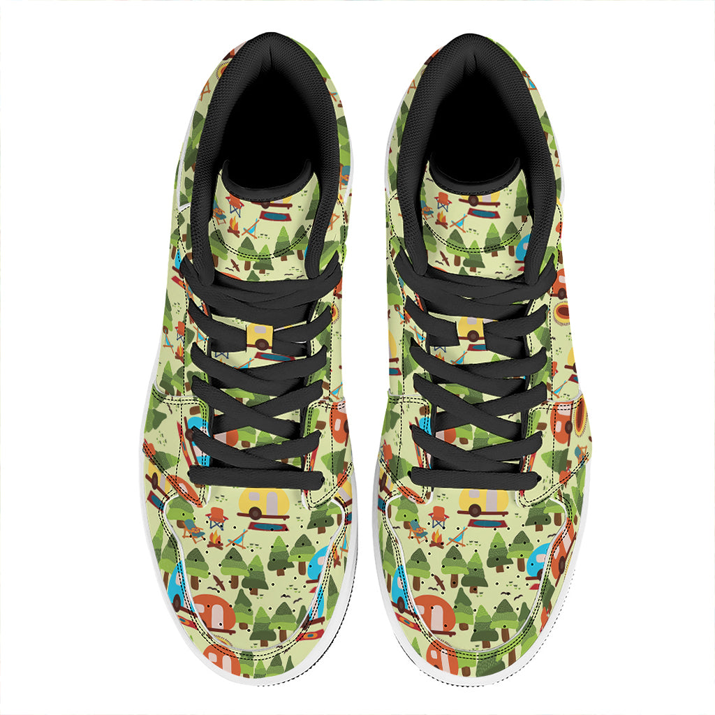 Camping Picnic Pattern Print High Top Leather Sneakers