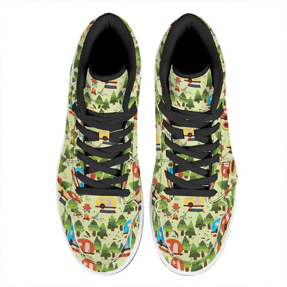 Camping Picnic Pattern Print High Top Leather Sneakers