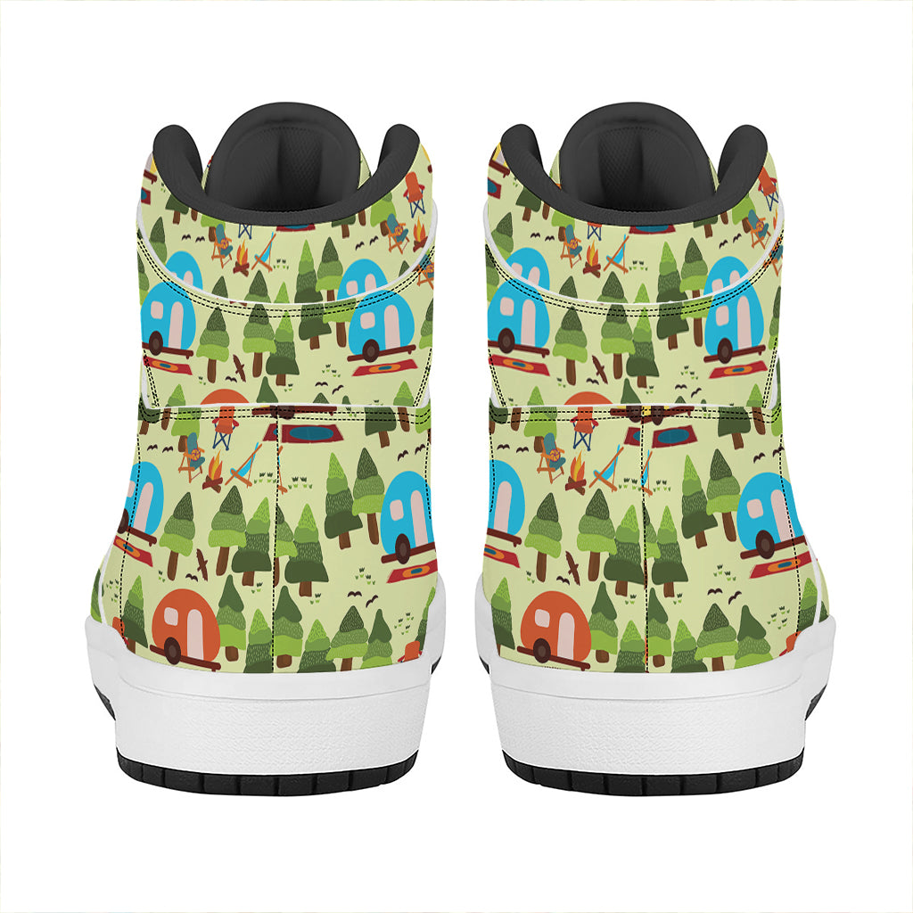 Camping Picnic Pattern Print High Top Leather Sneakers