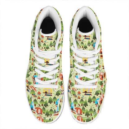 Camping Picnic Pattern Print High Top Leather Sneakers