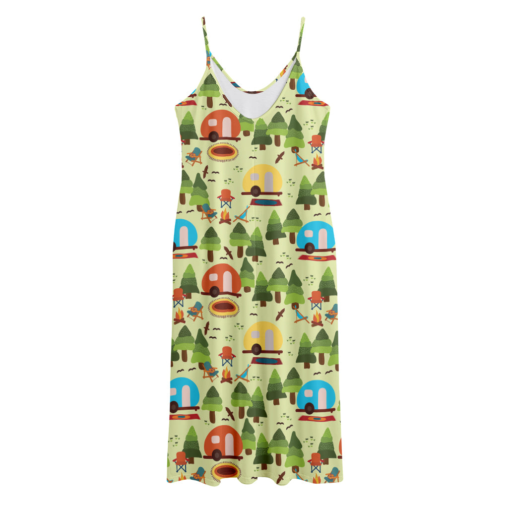 Camping Picnic Pattern Print Jersey Midi Cami Dress