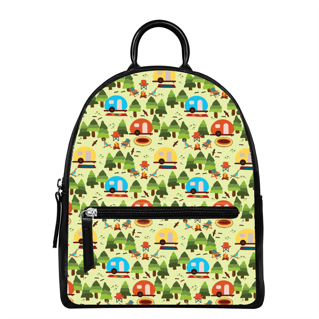 Camping Picnic Pattern Print Leather Backpack