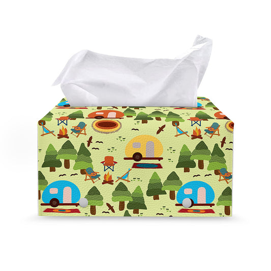 Camping Picnic Pattern Print Leather Tissue Box Cover